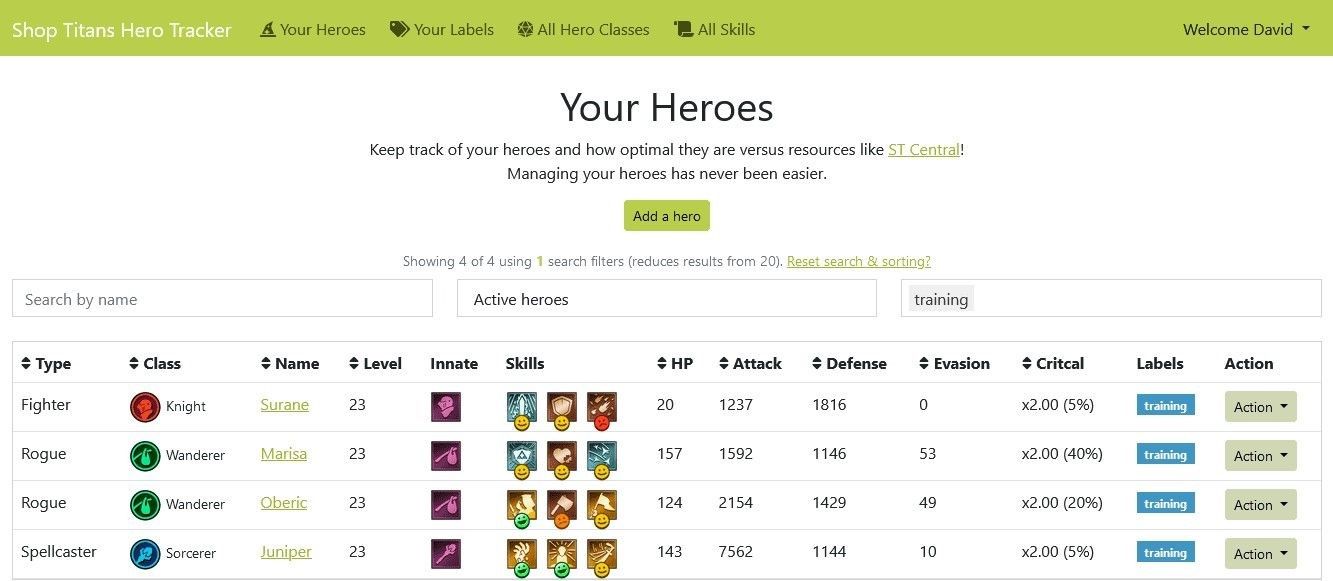 Page listing heroes with their attributes and their skill ratings