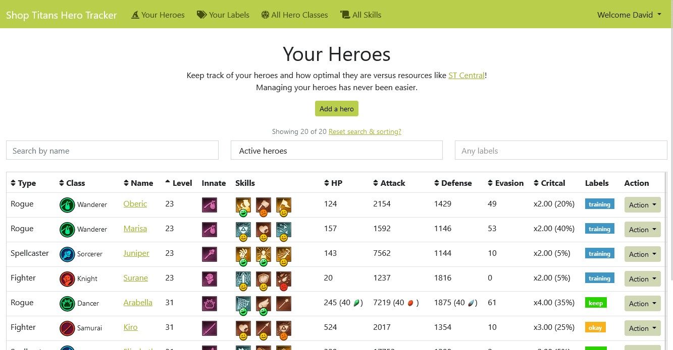 Page listing heroes with their attributes and their skill ratings