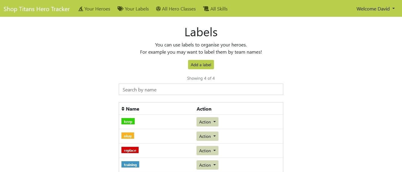 Page listing labels that can be managed per user and be assigned to heroes